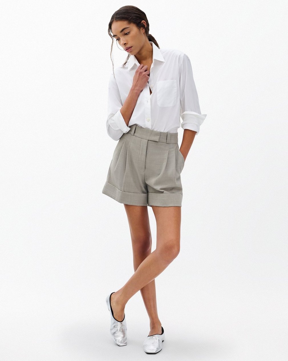Neila Italian Stretch Wool Shorts - Light Taupe - Image 4