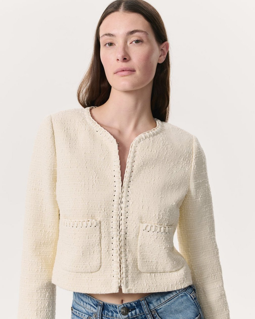 Cheyenne Whipstitch-Trimmed Tweed Lady Jacket - White - Image 3