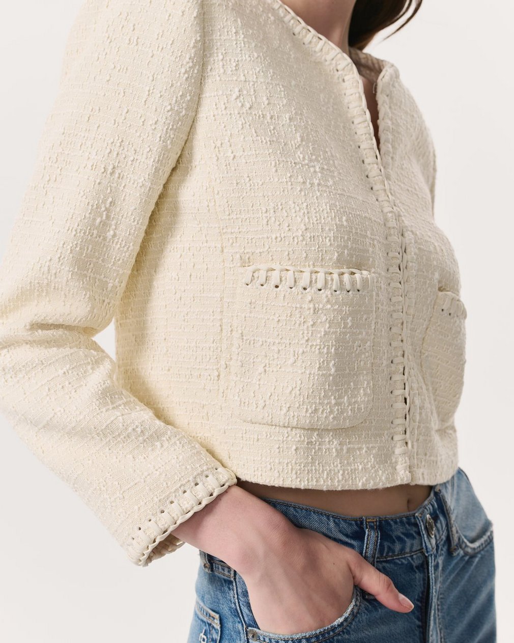 Cheyenne Whipstitch-Trimmed Tweed Lady Jacket - White - Image 6