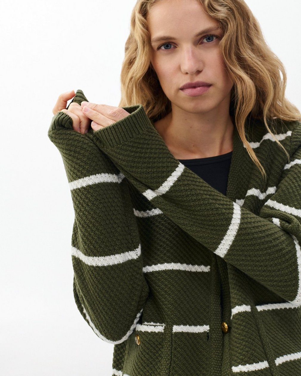 Peggy Striped Wool V-Neck Cardigan - Army Multi - Image 5