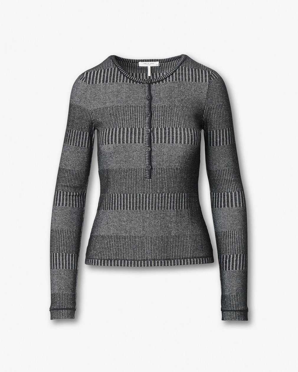 The Knit Striped Ribbed Henley - Black White Multi - Image 2