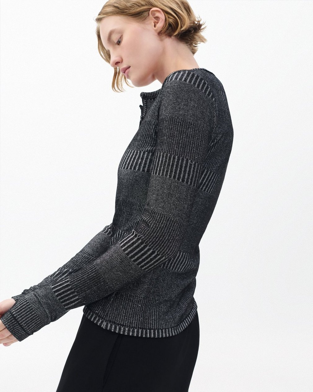 The Knit Striped Ribbed Henley - Black White Multi - Image 5