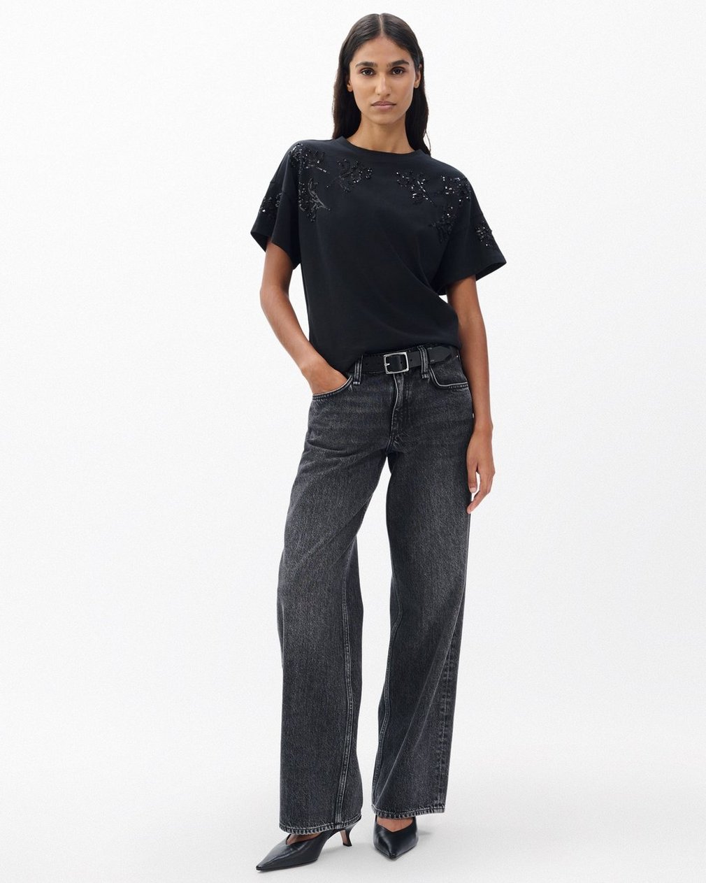 Kelly Boxy Beaded Floral Tee - Black - Image 3