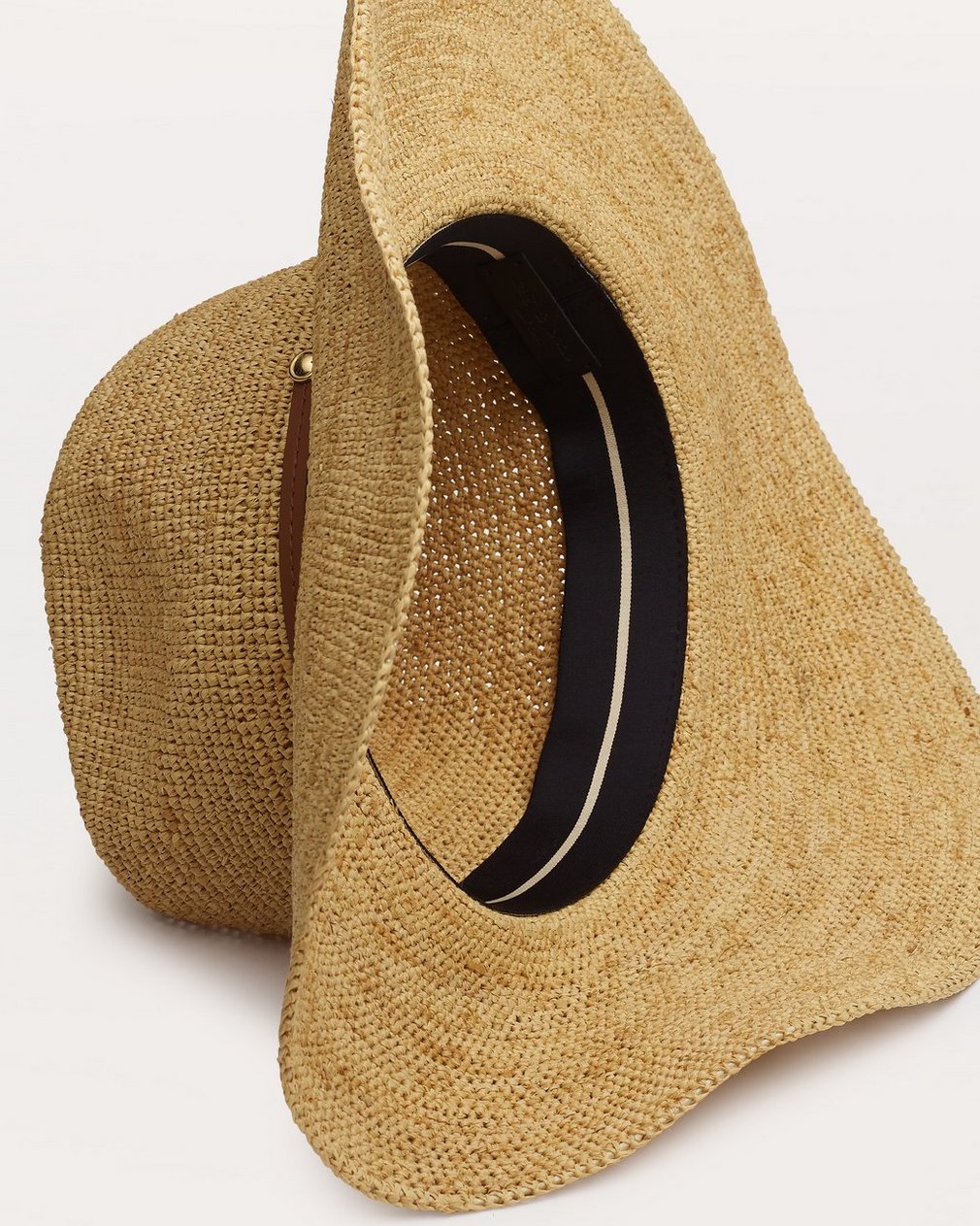 Leather-Trimmed Wide-Brim Raffia Hat - Natural - Image 3
