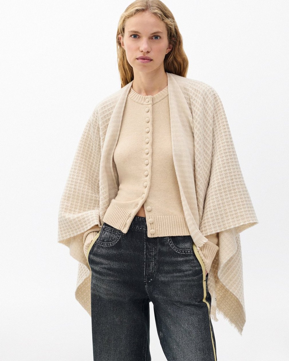 Joni Waffle-Knit Wool Poncho - Oatmeal - Image 4