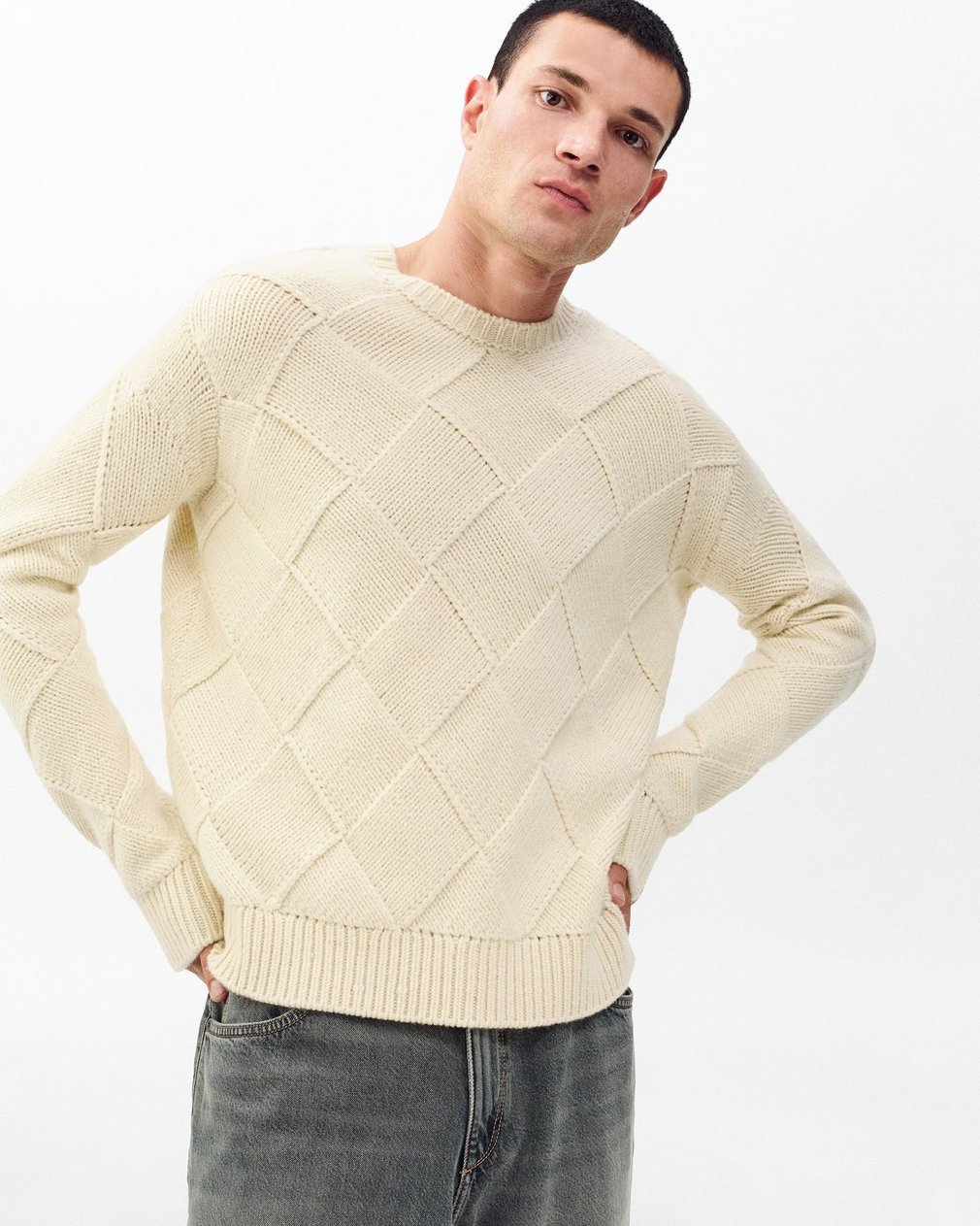 Hand-Knit Entrelac Wool Sweater - Ivory - Image 4
