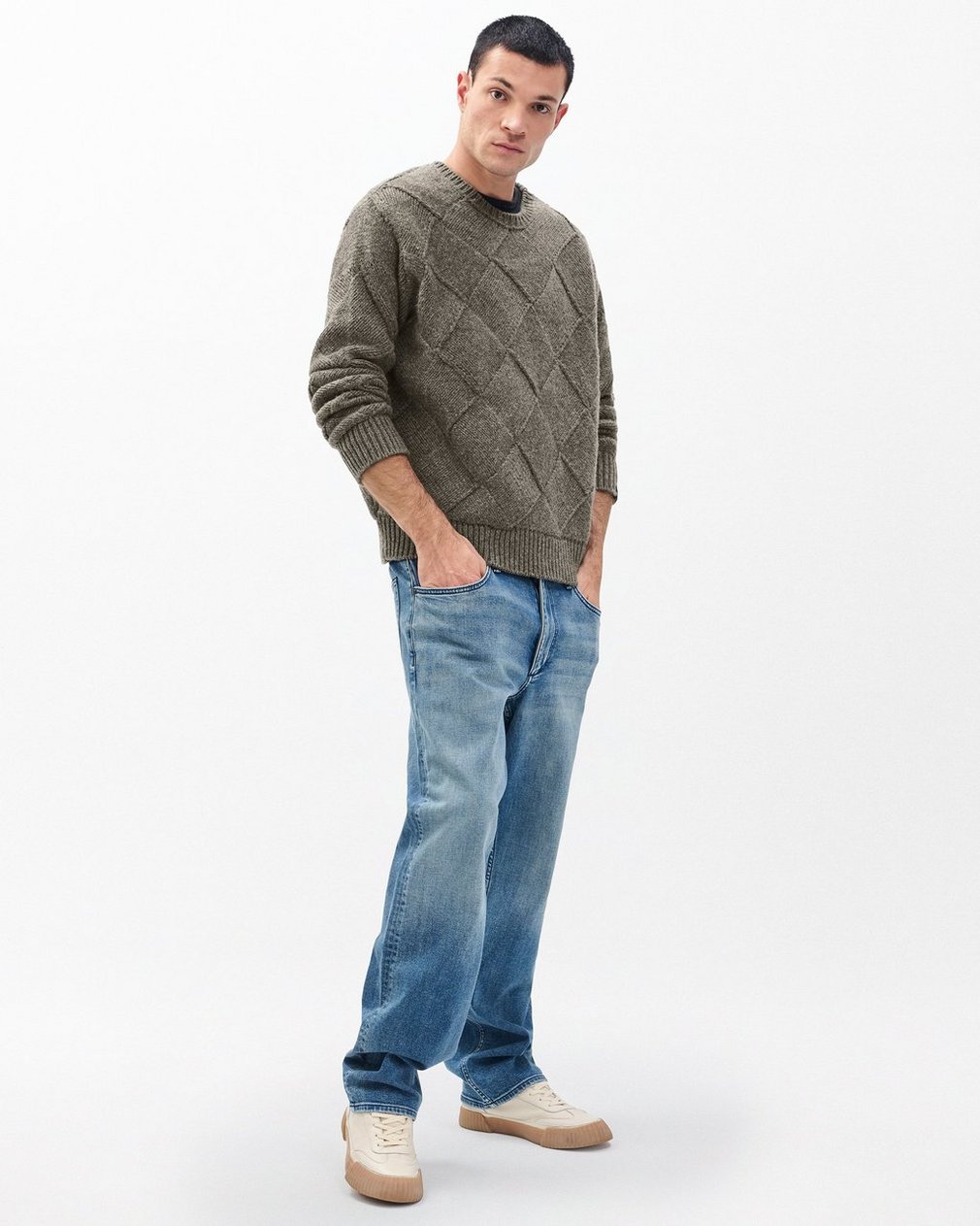Hand-Knit Entrelac Wool Sweater - Charcoal - Image 3