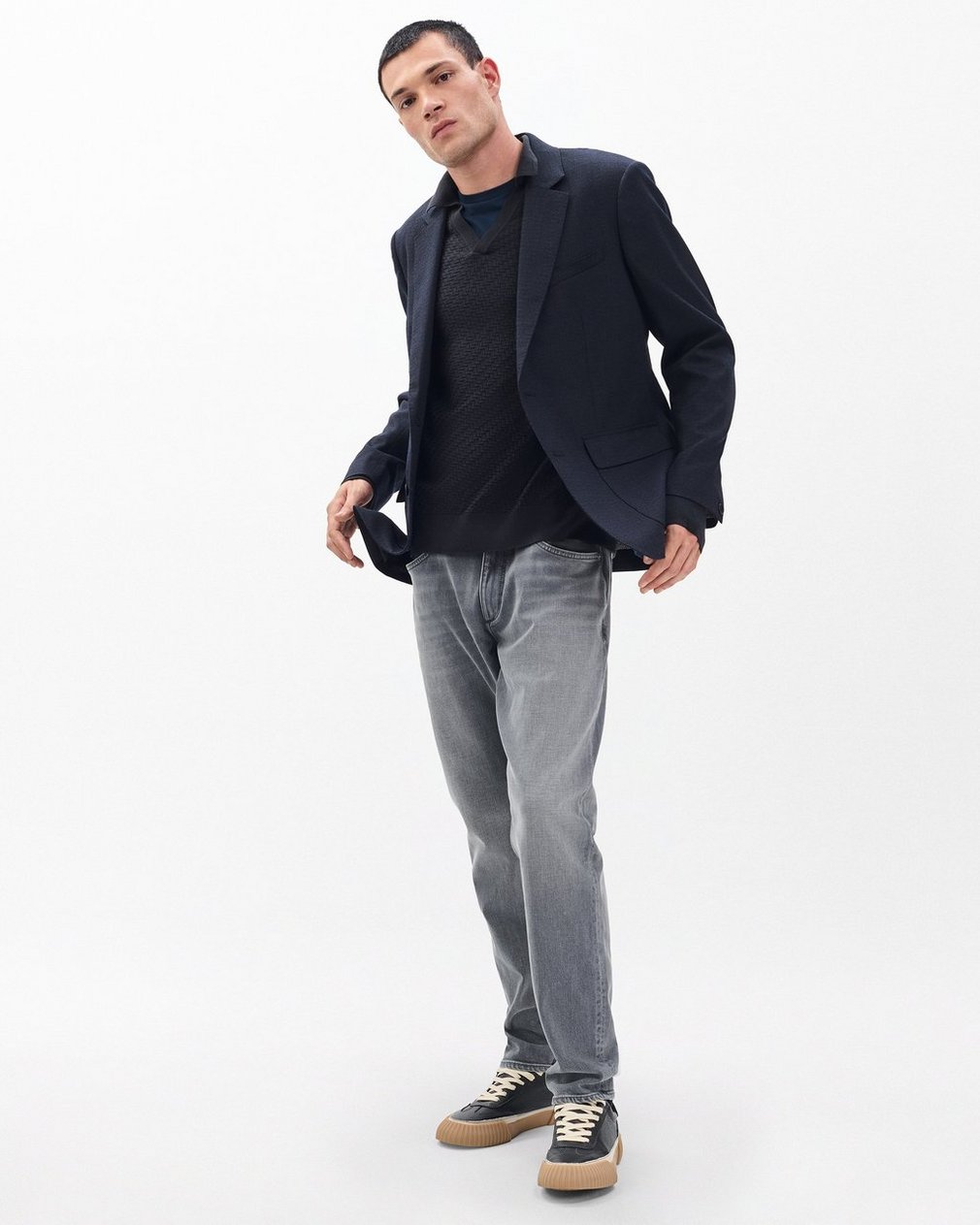 Charles Johnny Collar Wool Polo - Washed Black - Image 3