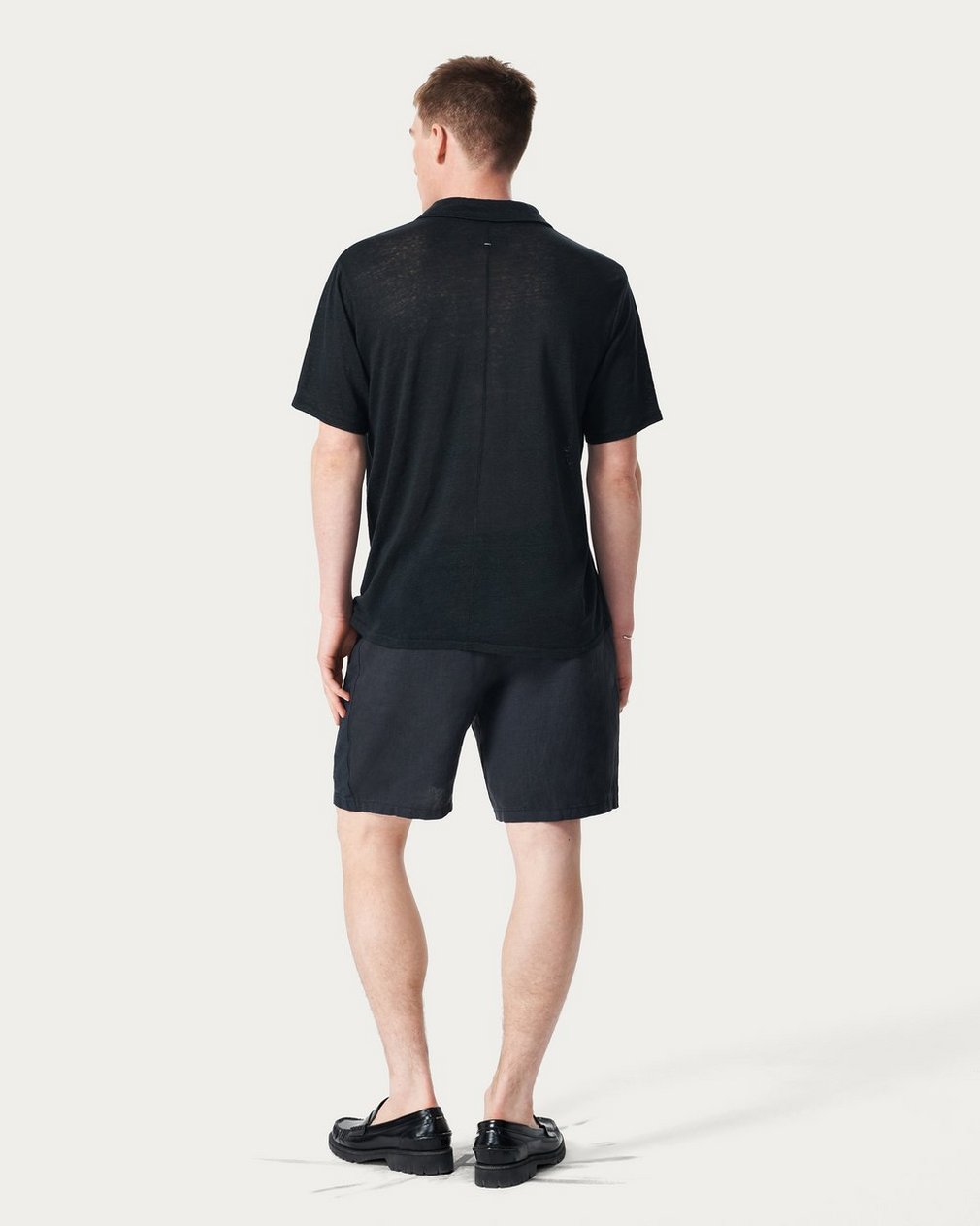 Linen Johnny Collar Polo - Black - Image 6